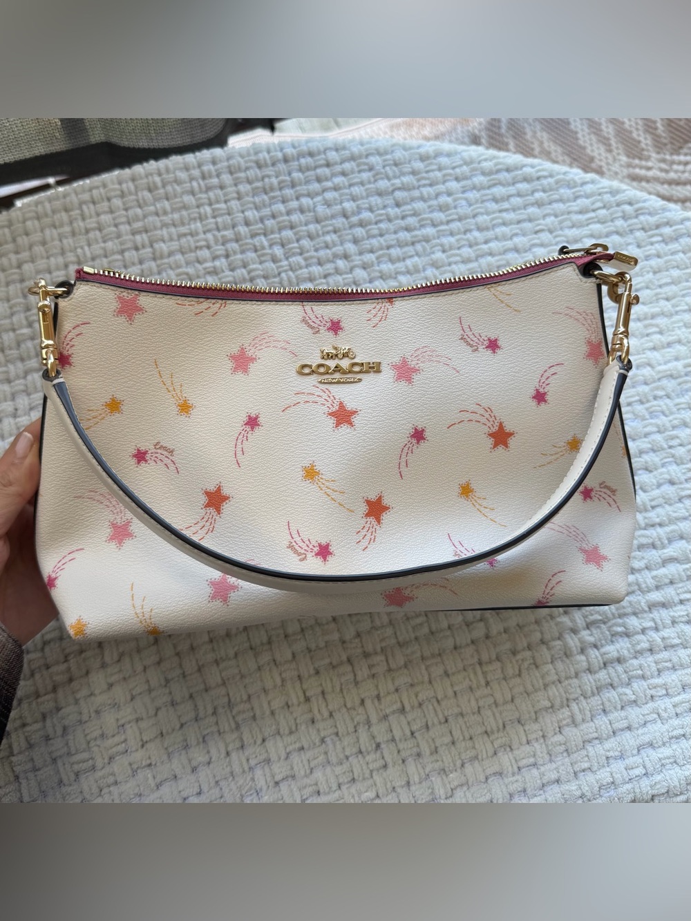 COACH White Leather Shoulder Bag with Pink and Orange Star Print